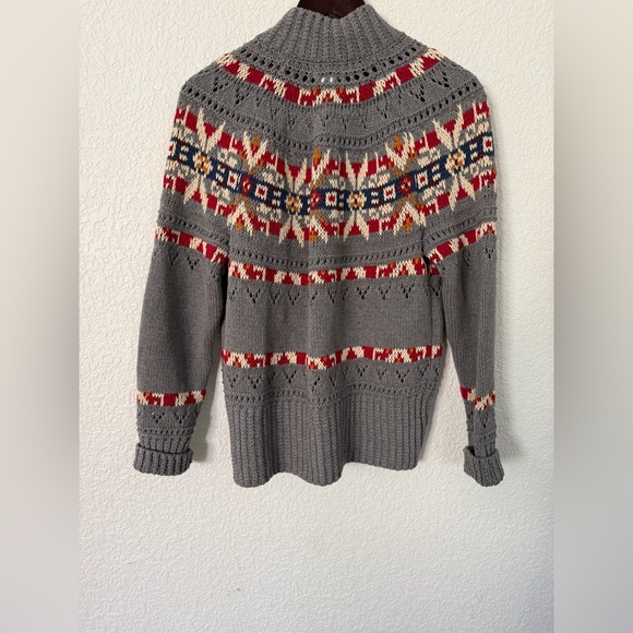 L.L. Bean Signature Gray Fair Isle Cardigan with Red, Navy & Cream Accents - Picture 5 of 10